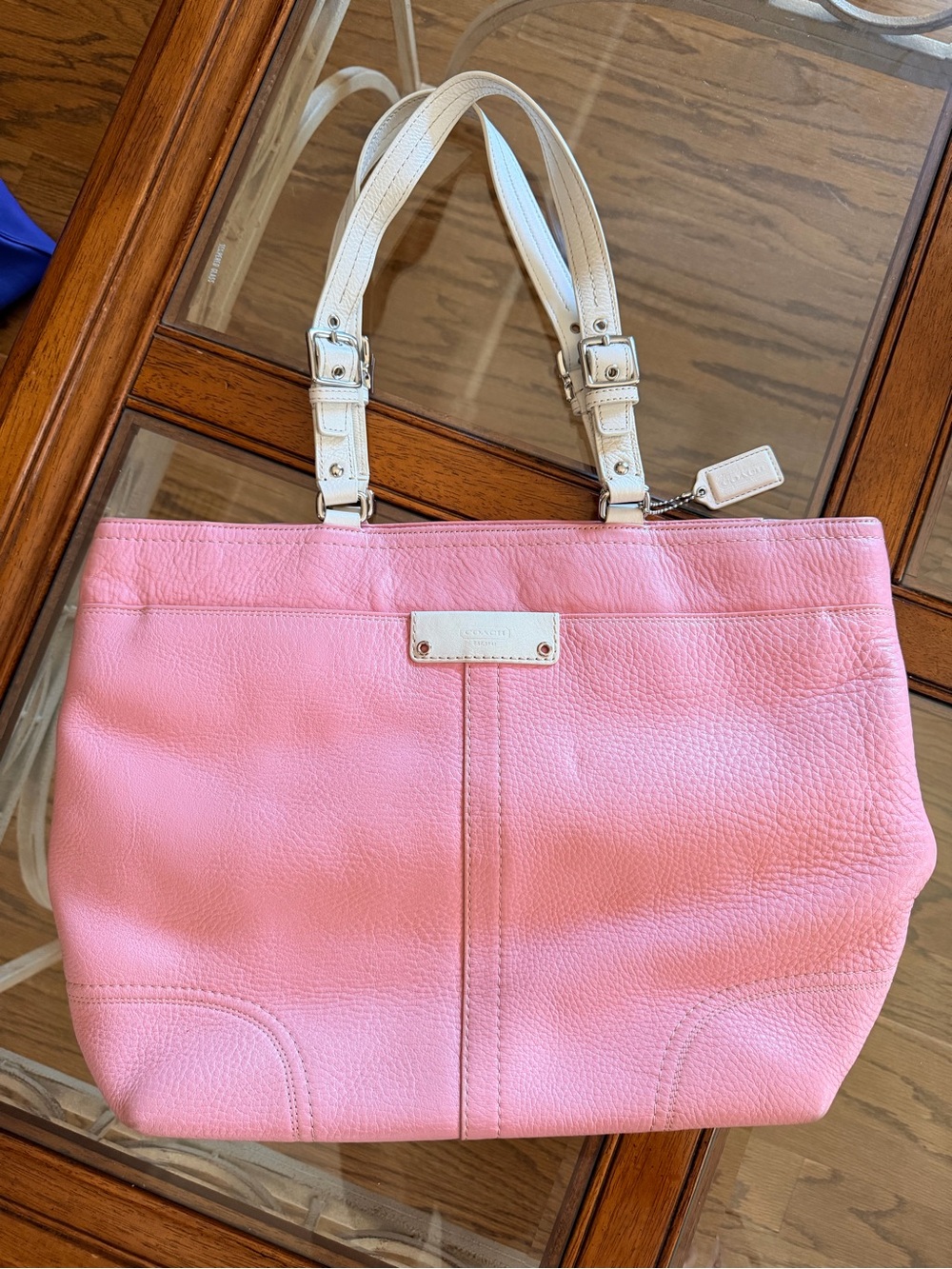 Coach Pink Leather Tote with White Trim and Handles